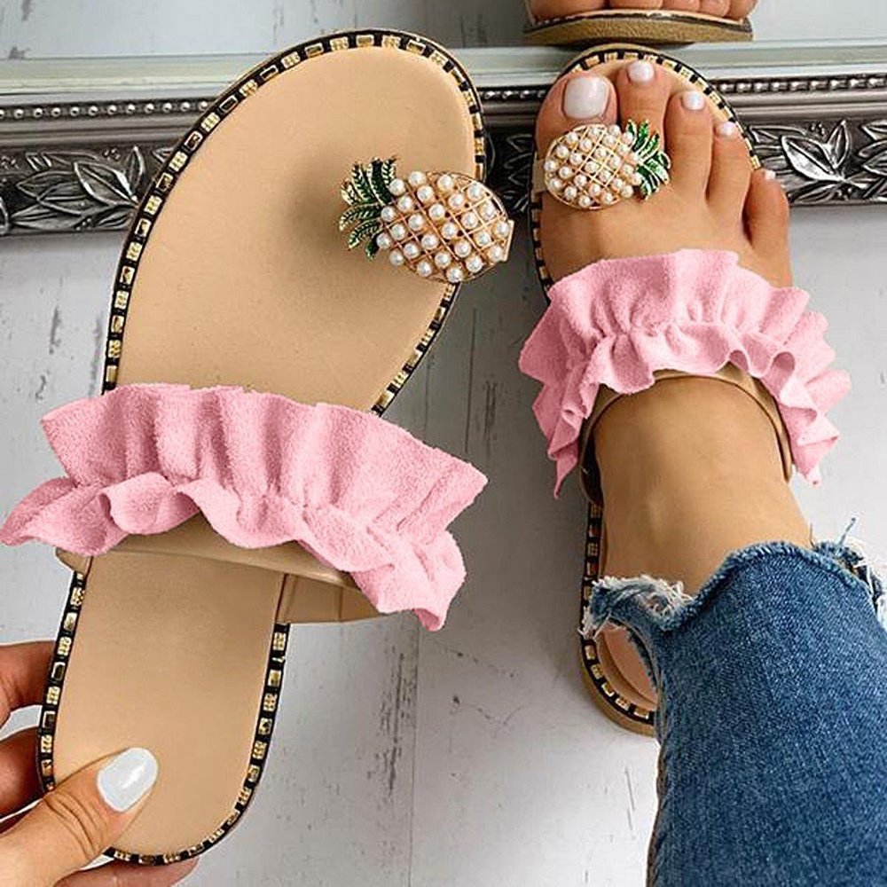 Pineapple Pearl Flat Slide Toe-Ring Sandal in Pink